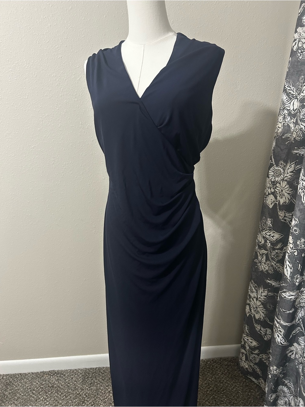 Nicole Miller Navy Blue Draped Sheath Dress Open Back Gold Button Detail Size 12